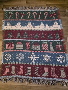 Manta de tapiz de Navidad vintage bastones de caramelo muñecos de nieve árboles medias  - Imagen 1 de 3