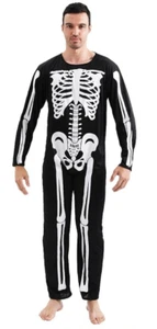 Halloween Ghost Skeleton Costume Men Purim Cosplay Bone Black Jumpsuit Party - Picture 1 of 9