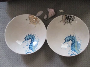 Set of 2 Coastal Bowls, Blue Seahorse and Gold Compass, 7" Salad, Soup, Nautical - Picture 1 of 4