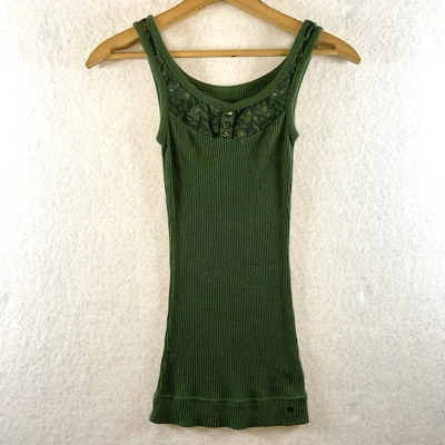 VTG So Womens Y2K Ribbed Knit Tank Top Sz S Forest Green Scoop Neck Lace Indie - Image 1 of 4