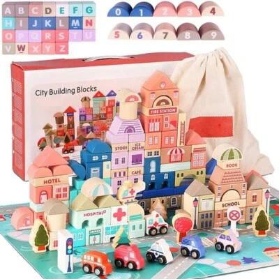 115 Pcs Wooden City Building Blocks Set, Colorful Stacking Preschool Educatio... - Image 1 of 4