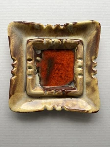 Vintage Mid Century Pottery Ashtray Brown Orange cream glazed Square USA - Picture 1 of 6