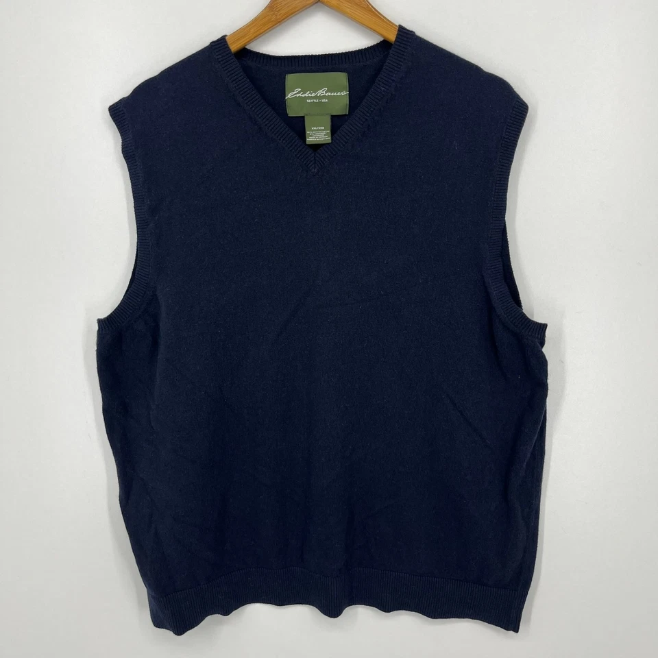 Eddie Bauer Sweater Vest Men's 2XL Navy Blue Cotton Blend V Neck Sleeveless - Image 1 of 4