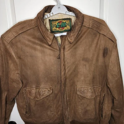 Chaqueta de cuero vintage G-III para hombre XL bombardero identidad global envejecida forrada años 90 Foto 1 de 4