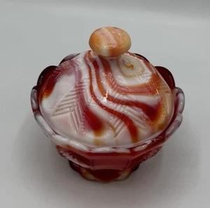 VTG Imperial Glass Red White Slag Footed Covered Candy Dish Swirl Lid w/ Sticker - Picture 1 of 8