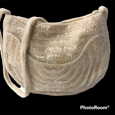 Bolso de Colección Años 50 Walborg HECHO A MANO Blanco CUENTAS DE VIDRIO Cartera Noche CÓCTEL Foto 1 de 4