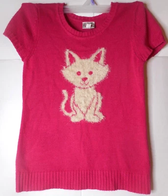 Justice Girls Size 12 Long Sleeve Pink Short Sleeve Knit Top w Fuzzy Cat Design - Image 1 of 4