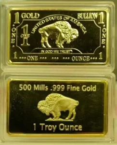 1 oz One Troy Ounce American Buffalo 500 Mills .999 Fine Gold Plated Bar - Picture 1 of 6