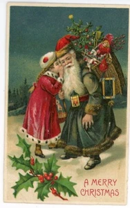 Papá Noel Victoriano Verde Largo Niña en Rojo Susurrando en la Oreja - Imagen 1 de 2