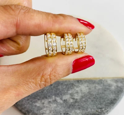 14K Real Solid Yellow Gold Huggie Hoop Earrings  4mm -  4.5mm Thick - ER263 - Image 1 of 4