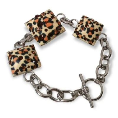 Cheetah Chain Toggle Panel Bracelet 7.5" Trendy Fashion Designer Brand Silver - Image 1 of 4