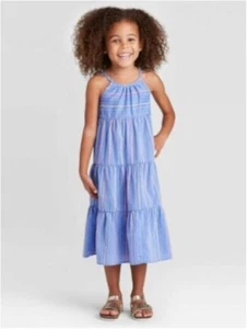 Cat & Jack Girls Chambray Striped Tiered Maxi Dress 5T - Picture 1 of 2