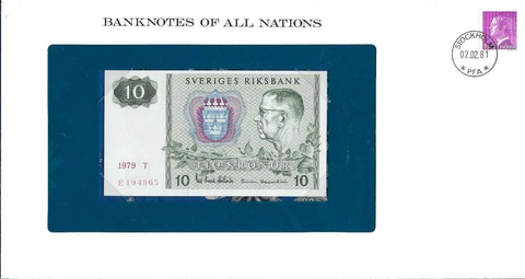 Banknotes of All Nations Sweden 10 Kronor 1979 serie T P-52d UNC BIRTHDAY 1948 Cover