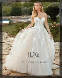Designer Floral Lace Wedding Dress Bridal Gown 2-28W Plus Bow Sheer Boned Bodice - Picture 1 of 17