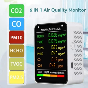 6 in 1 Air Quality Monitor CO2 Meter Carbon Dioxide Level TVOC HCHO Detector NEW - Picture 1 of 16