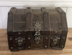 Vtg Treasure Chest Wooden Jewelry Box Lion's Head Metal Hardware Gothic Japan - Picture 1 of 11