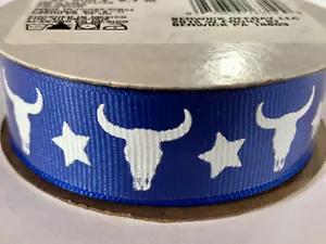 TEXAS LONGHORN GROSGRAIN RIBBON Steers & STARS NEW- 7/8 x 3yds - BLUE COWBOY - Picture 1 of 4