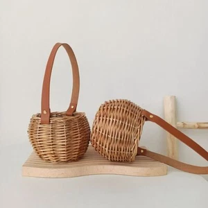 Woven Storage Basket Garden Wicker Hanging Basket Vase Planter Leather Handle - Picture 1 of 10
