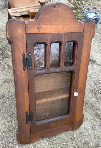 Vintage Wooden Curio Medicine Cabinet chest  Two-Shelf Wall Hanging Rustic Cover