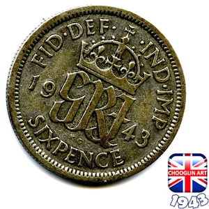 A BRITISH 1943 GEORGE VI SIXPENCE 6d COIN (SILVER .500) 82 Years Old! (Re: 5/6) - Picture 1 of 2