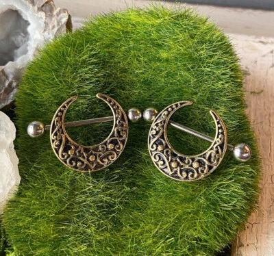 PAIR Crescent Shaped Filigree Nipple Rings Shields Pierced Piercing Body Jewelry - Image 1 of 2