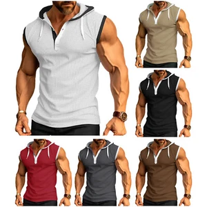 Mens Vest Workout Tops Athletic Shirt Gym T Shirts Muscle Hooded Training Tank - Foto 1 di 58