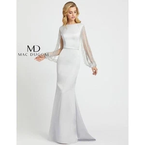 Vestido formal plateado Mac Duggal para mujer 20116 manga ilusión con joyas 8 $598 - Imagen 1 de 6