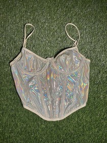 Out From Under Silver Holographic Corset Top S Structured Cups Boned Underwired