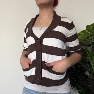 2000er Y2K gestreifte Strickjacke Pullover Kurzarm braun XL Arizona Bella Swan - Bild 1 von 7