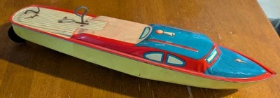 Barco crucero Lindstrom de juguete de hojalata de 14" de colección, hélice de cuerda alrededor de los años 1920-30 Foto 1 de 4