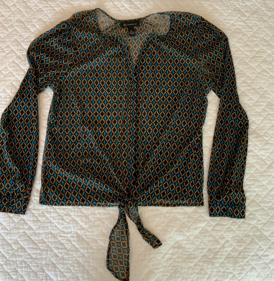INC International Concepts XL Diamond Pattern Sheer Blouse with Front Tie D4 - Image 1 of 4