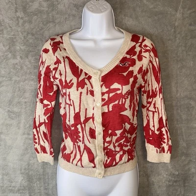 Hollister Y2K Floral Button Cardigan Sz Med 3/4 Sleeve Preppy Cottage - Image 1 of 4