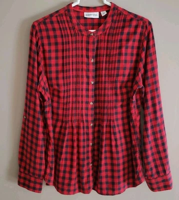 Blusa St Johns Bay Pintuck Feminina PL Vermelha Preta Xadrez Botão L. Slv Casual - Imagem 1 de 4