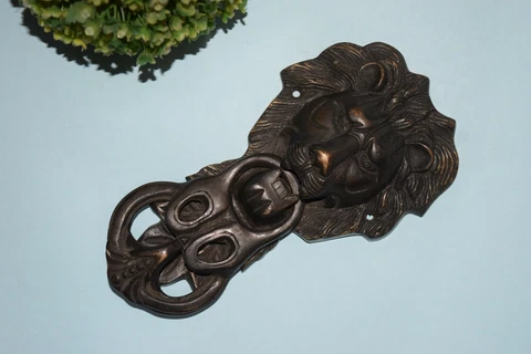 Brass Realistic Lion Head Knocker Jungle King Animal Mouth Vintage Doorbell HK85 Cover