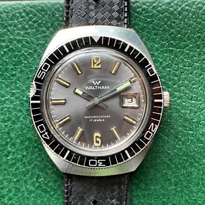 Vintage Waltham Skin Diver 17 Jewels Grey Sunburst Dial