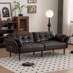 HALLYBEE Futon Sofa Bed, Sleeper Sofa, Pillows, Faux Leather, Coffee Brown, NEW - Picture 1 of 9