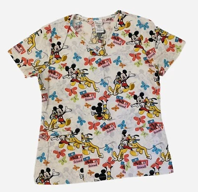 DISNEY Womens Small Mickey And Pluto Dog Best Friend Scrub Top - Image 1 of 4