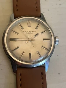 1950-60's Black Shield All SS 17J Men's watch, runs just serviced N/Leather M - Picture 1 of 8