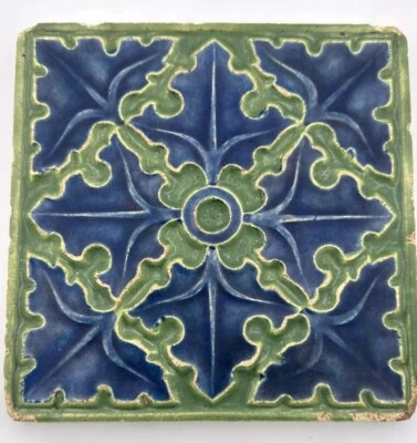 Azulejo antiguo raro artesanías estampado de hojas azules y verdes marcado URSS soviética Foto 1 de 4