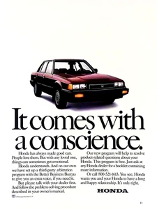 Anuncio impreso de auto Honda 1984 Honda viene con una conciencia 8x11 vintage - Imagen 1 de 4