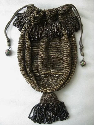 Antique Tan Crochet Brown Bead Top Fringe Bead Tassel Cloisonné Flapper Purse - Image 1 of 4