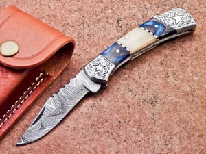 COLTELLO TASCABILE PIEGHEVOLE IN ACCIAIO DAMASCATO FATTO A MANO PERSONALIZZATO CHIUSURA POSTERIORE - 607 - Foto 1 di 12