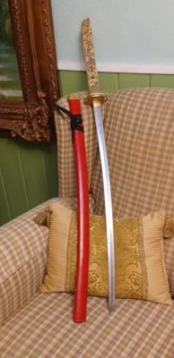 Steel Blade Japanese Katana Dragon Head Samurai Katana Sword w/ Red Sheath - Image 1 of 4