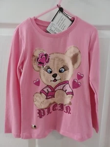 Philipp Plein Junior Girl Sz 6 Pink LS Shirt W/Teddy Bear, Crystal Embellishment - Picture 1 of 14