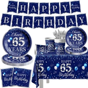 142 Pezzi Set di Stoviglie 65° Compleanno Decorazioni Argento e Blu 65° Happy Bi... - Foto 1 di 6