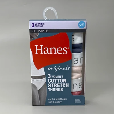 HANES 3 PK Originals Women's Cotton Stretch Thongs Underwear Sz 5/S Blue/Pink - Image 1 of 4