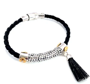 NEW Henri Bendel BLACK Woven Leather Inlaid Zirconia Crystals SILVER Bracelet - Picture 1 of 8