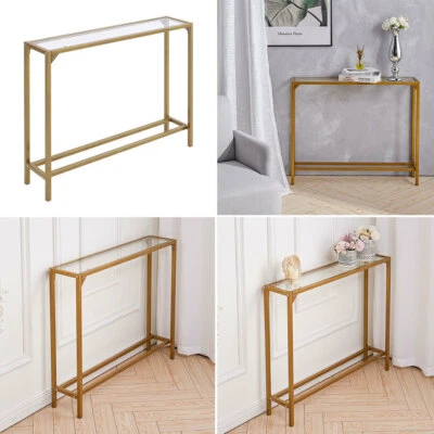 Slim Narrow Console Table Hallway Side End Desk Stand Glass Top Gold Metal Legs - Image 1 of 4