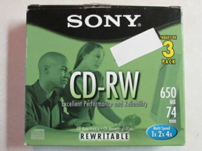 USED SONY CD-RW3 PACK REWRITABLE MULTI SPEED 1X 2X 4X 650MB 74 MIN 3CDRW650L - Image 1 of 4