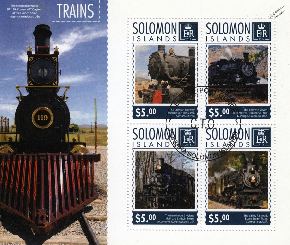 Hoja de estampillas CTO de locomotoras de tren de vapor/ferrocarriles (2014 Islas Salomón) Foto 1 de 1